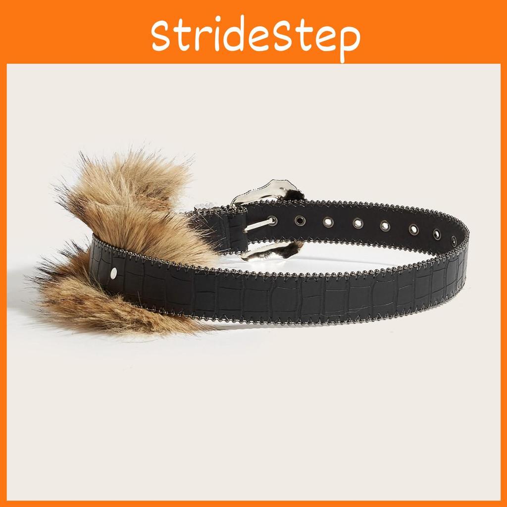 Fashion Pu Leather Belt With Metal Buckle And Plush Embellishments For Women