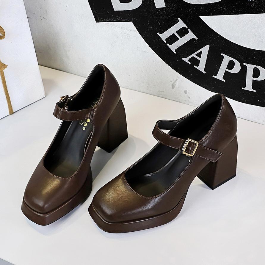 Talon épais, Talon carré, Talon haut, Plateforme imperméable, Bout carré, Décolleté bas, Boucle de ceinture, Bride droite, Chaussure simple pour femme