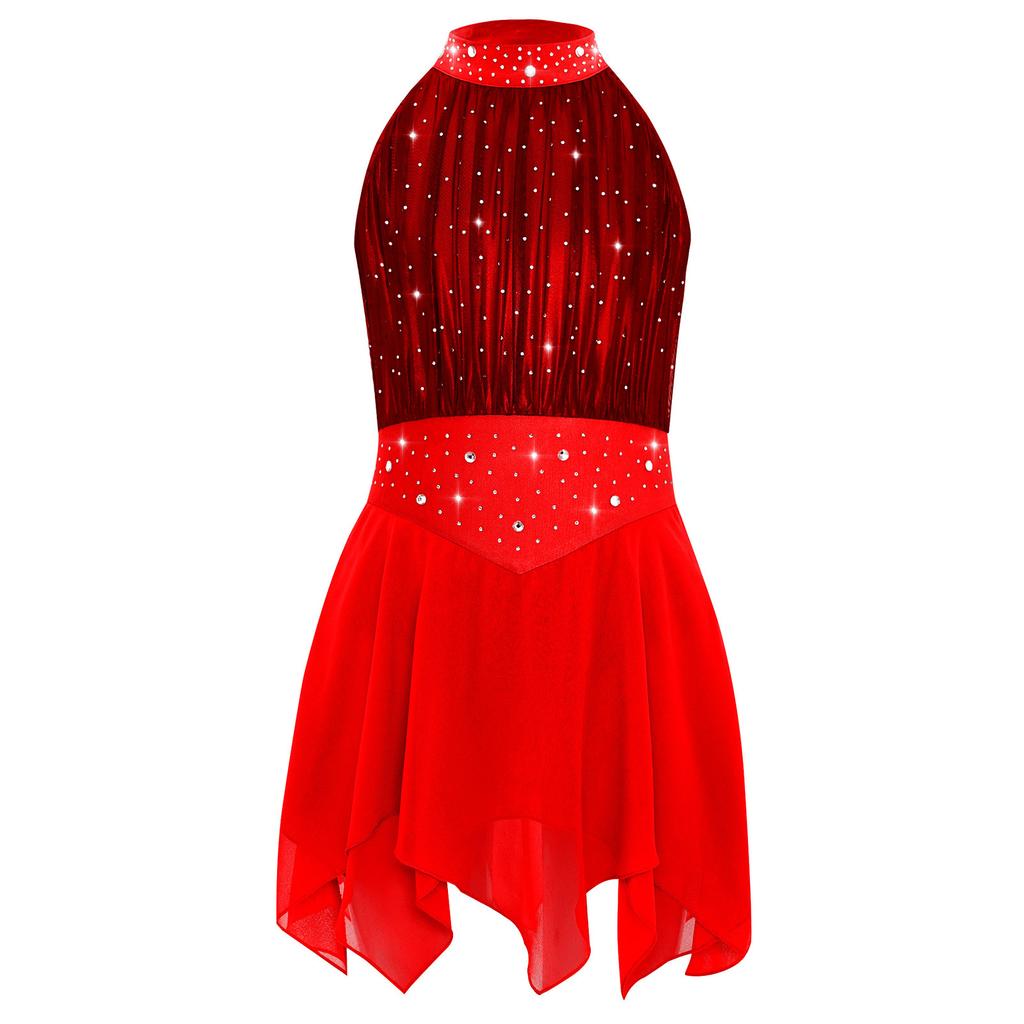 Girls Lyrical Dance Costume Sparkle Rhinestones Keyhole Back Irregular Chiffon Hem Skating Dress