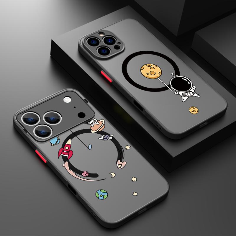Magnetic Cute Astronaut Pattern Phone Case For iPhone 17 15 16 Pro Max 14 13 Pro 17 For Magsafe Wireless Charge Soft Edge Cover