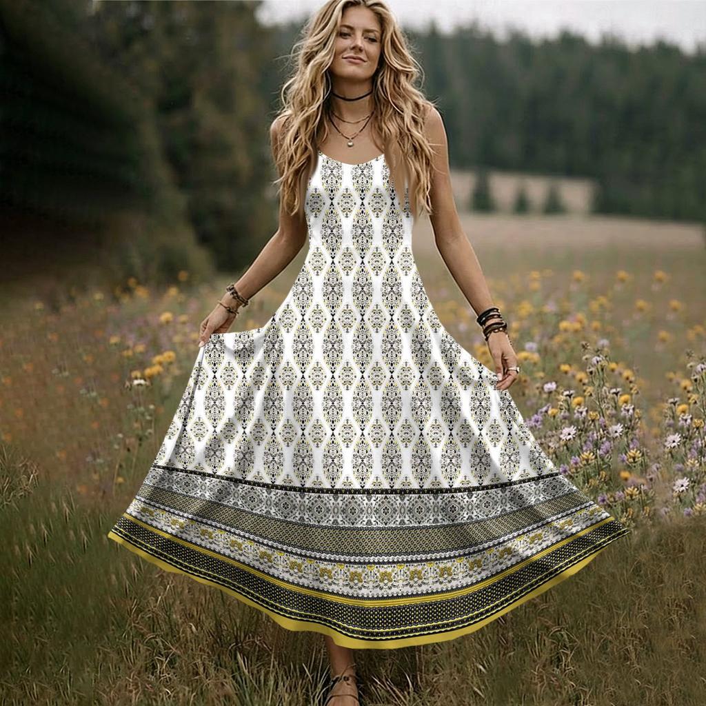 Women Sleeveless Maxi Dress Summer V Neck Long Casual Bohemian Style Spaghetti Strap Printed Sundress with Flared Hem