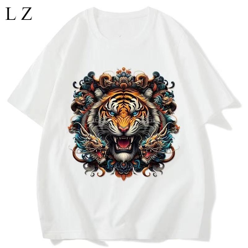 Motorcycle Tiger Head Versatile T-Shirt Men's and Women's Loose Crew Neck Street Style Casual Half-Sleeve Crew Neck Top