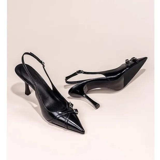 Women's High-heeled Shallow Mouth Shoes Summer Elegant Buckle Decorated Black Shoes