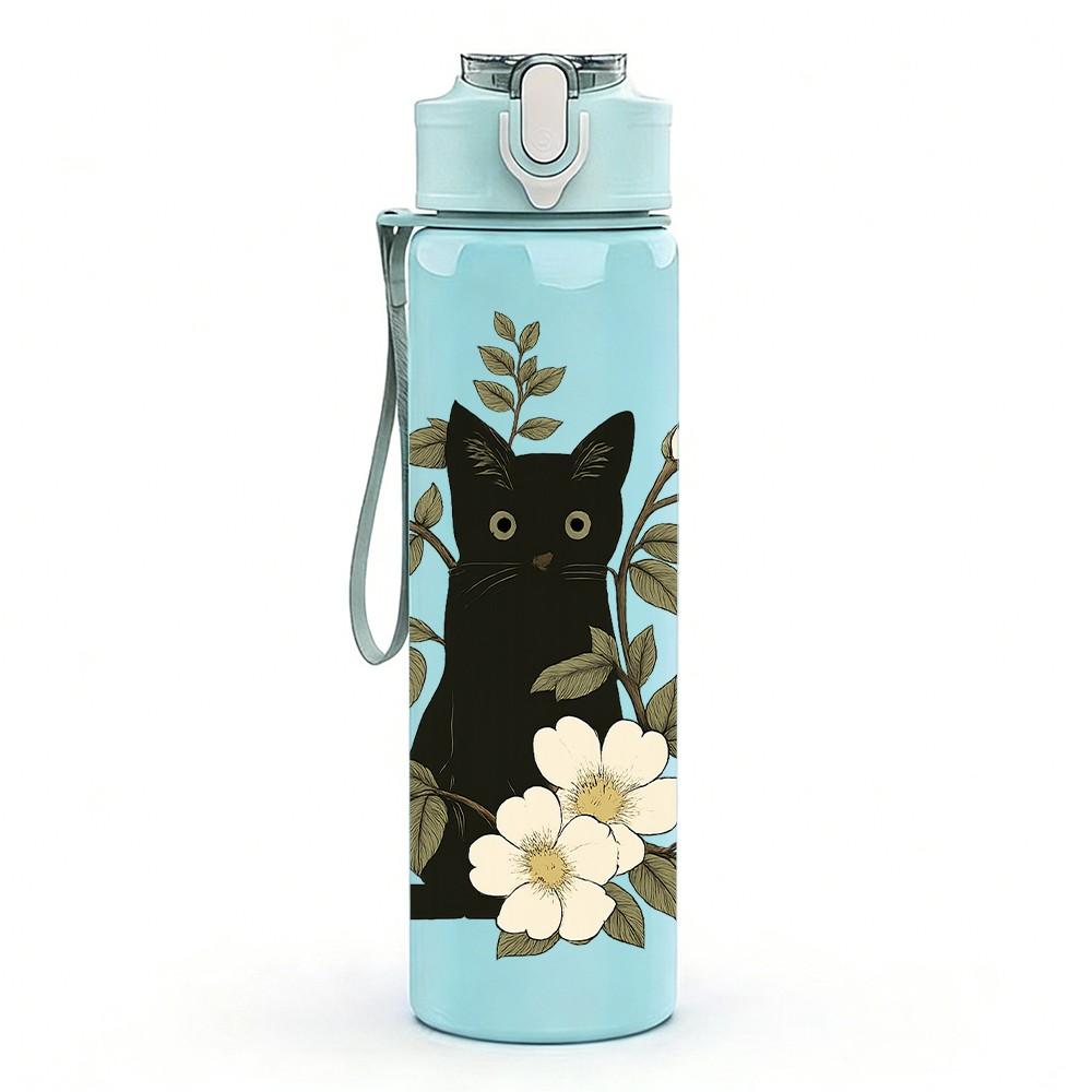 1PC Floral Black Cat Art 750ml Color Plastic Sports Water Bottle Leakproof Flip Straw Lid Suitable for Sports Office Home Use