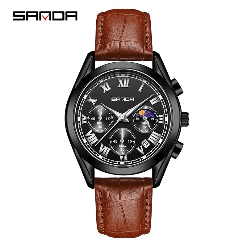 Sanda Men s Six-Needle Moon Phase Quartz Watch - High-End, Waterproof, Luminous, Leather Strap