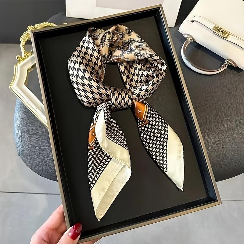 Retro Houndstooth & Paisley Imitation Silk Ladies Scarf, Smooth Satin for Women, Perfect as Necktie, Headband, Bag Accessory