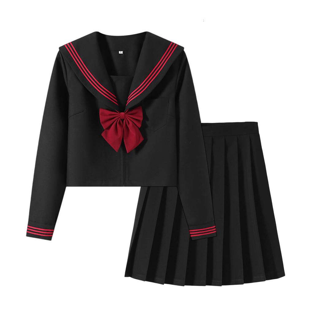 Moerstar Long Sleeve Pink Ribbon Sailor Uniform High School Halloween JK Pleated Authentic Perfect for Selfies and Women's Set, Girls, 3-Piece Set,