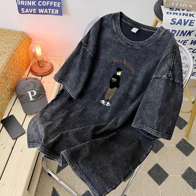 T-shirt à manches courtes en coton lavé style rétro américain pour homme