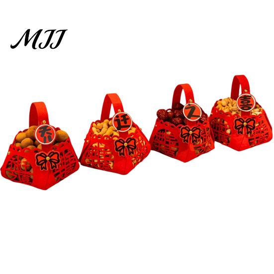 Housewarming Gift Holder 4 Pcs DIY Basket with Handle, Non-woven Fabric Red Basket, Decorative Snack Organizer Good Luck Handheld for Chinese