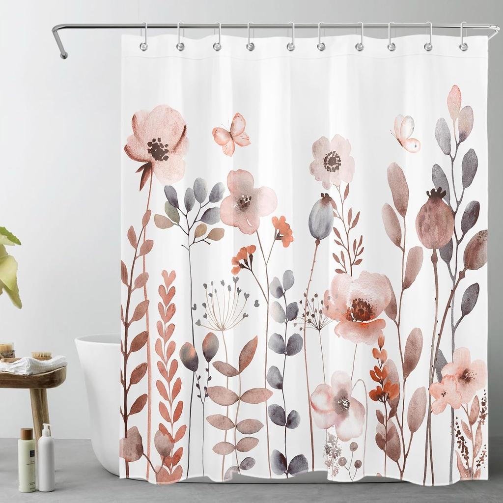Rustic Floral Black Cat Shower Curtain with Hooks,Botanical Wildflower Butterfly Shower Curtain for Bathroom,Flower Plant Fabric