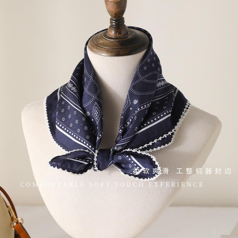Vintage Navy Blue Silk Square Scarf Women 100% Mulberry Breathable Neck Protection Professional Light Mature Style Small