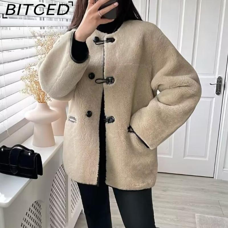 BITCED Women's Spring/Autumn Plus Size Casual Oversized Shearling O-Neck Jacket