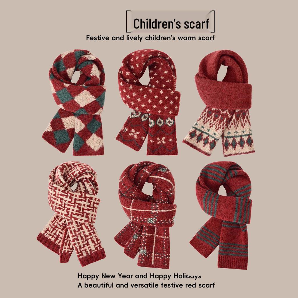 Festive Red Kids' Knitted Scarf: Winter 2025 Collection - Warm, Cold-Proof Neck Warmer for Boys & Girls