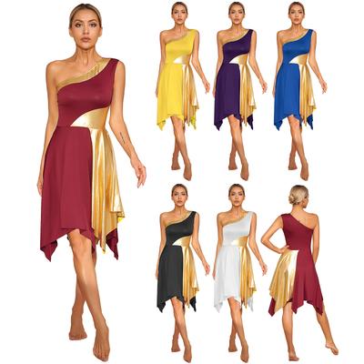 Vestido de baile lírico de alabanza con bloques de color metálico para mujer, túnica de adoración litúrgica sin mangas, ropa de baile con dobladillo irregular