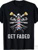 Men's Plus Size Black T-Shirt with Barber Pole Graphic - GET FADED Design Featuring Gold Shaving Brushes, Scissors, and Straight Razors - Stylish and