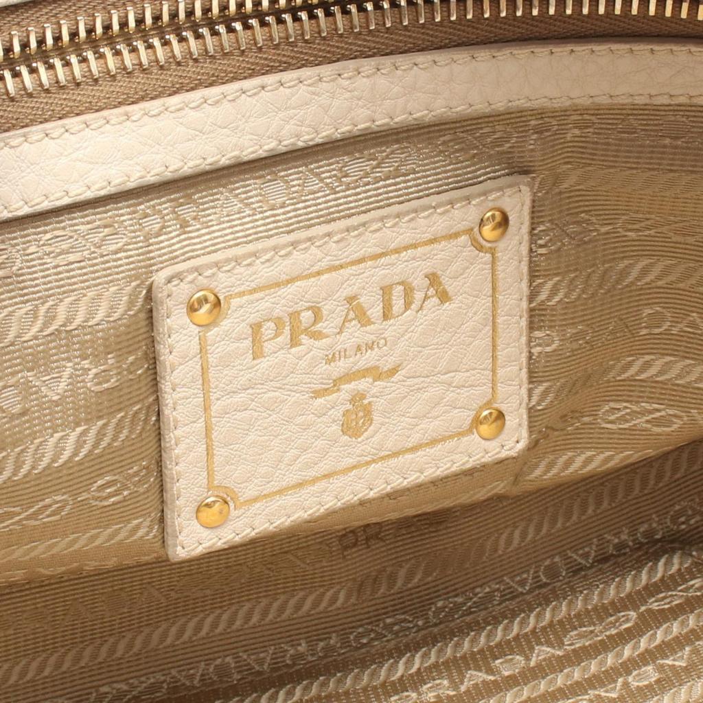 Used PRADA LOGO JACQUARD Logo Jacquard Tote Bag Canvas Leather Khaki Beige Used Women