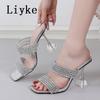 Fashion Liyke New Brand 9CM Strange High Heels Women Slippers Fashion Transparent PVC Rhinestone Sandals Summer Party Prom Shoes Ladies