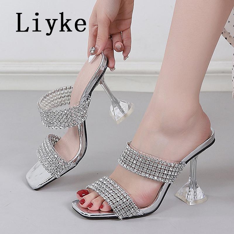 Fashion Liyke New Brand 9CM Strange High Heels Women Slippers Fashion Transparent PVC Rhinestone Sandals Summer Party Prom Shoes Ladies