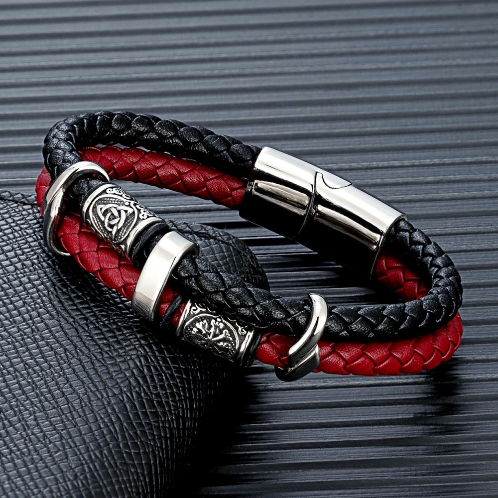 Bracciale Vichingo Punk Acciaio Inossidabile Bussola Rune Norrene Perline Amuleto Pelle Intrecciata Multistrato Uomo Braccialetti