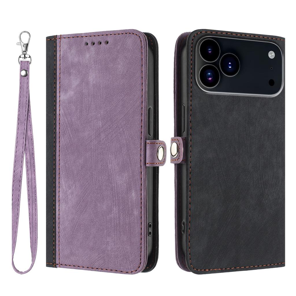 For iPhone 17 Pro PU Leather Case with Strap Phone Cover Stand Side Magnetic Button Design