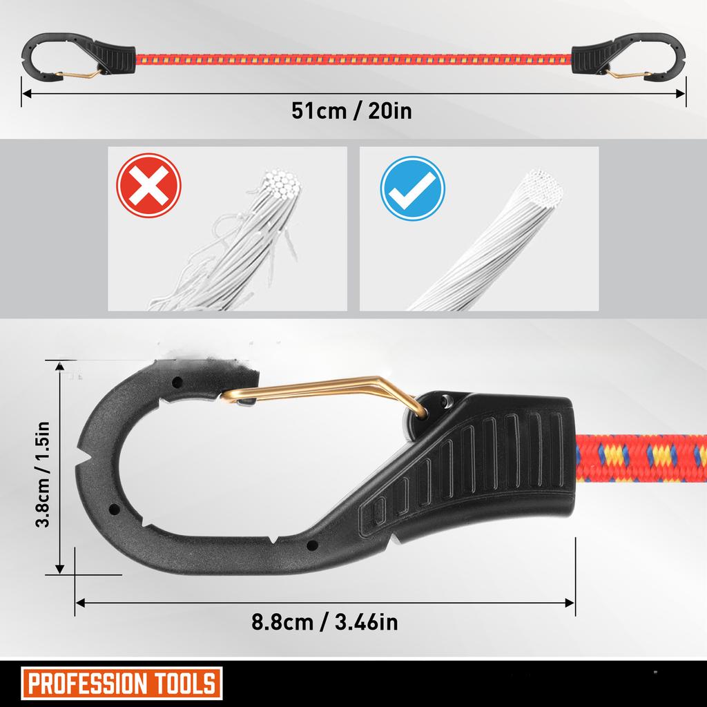 Hochleistungs-Bungee-Seil-Set mit Federklemmen, 20 Zoll, langlebig für sichere Befestigung (Bis zu 122 lbs Zugfestigkeit)