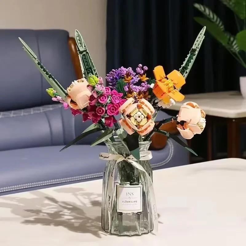 Set de Ramos de Flores de Bloques de Construcción, Flores Artificiales de Rosa Romántica, Serie de Plantas para Adultos, Regalo Ideal para el Día de San Valentín