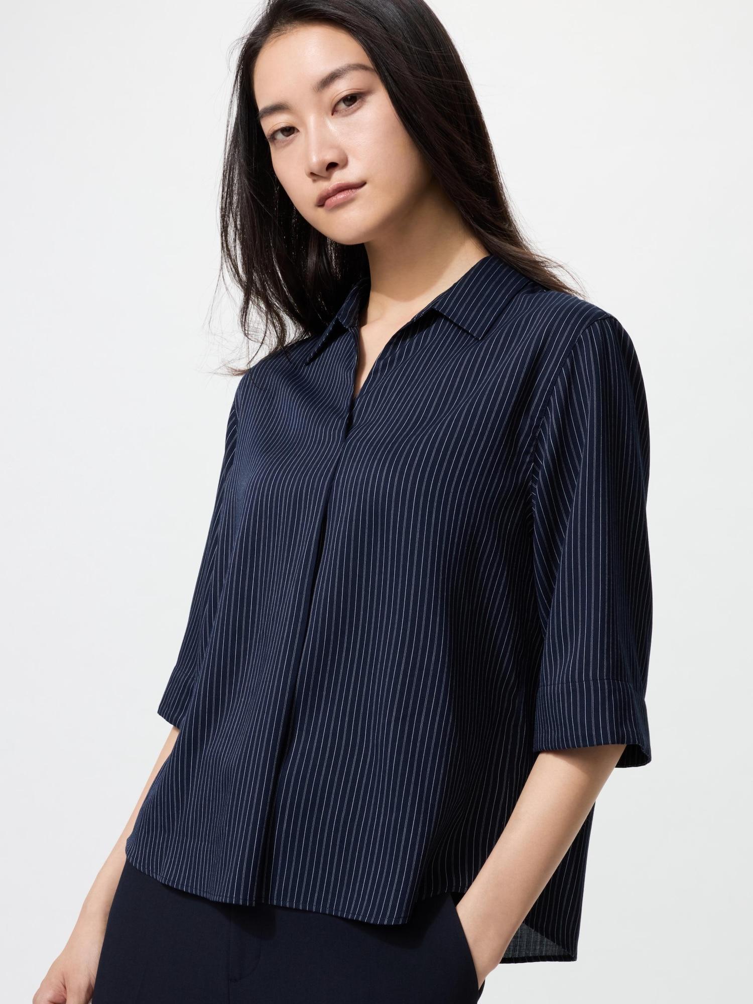 

Блузка Uniqlo из вискозы с воротником-скиппером 3/4 полоска 69 NAVY/WOMEN L