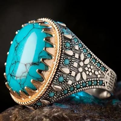 Retro Handmade Turkish Signet Ring Vintage Men's Ancient Metal Turquoise Zircon Rings Men Wedding Party Punk Motor Biker Jewelry