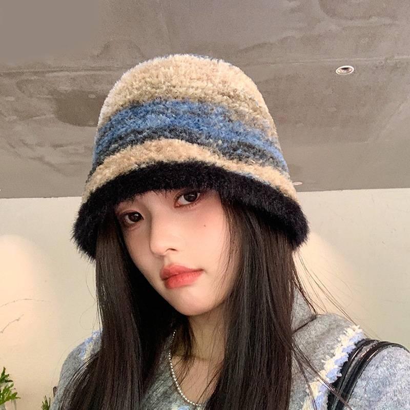 Autumn Winter Striped Colorblock Fisherman Hat With Breathable Warmth For Outdoor Activities