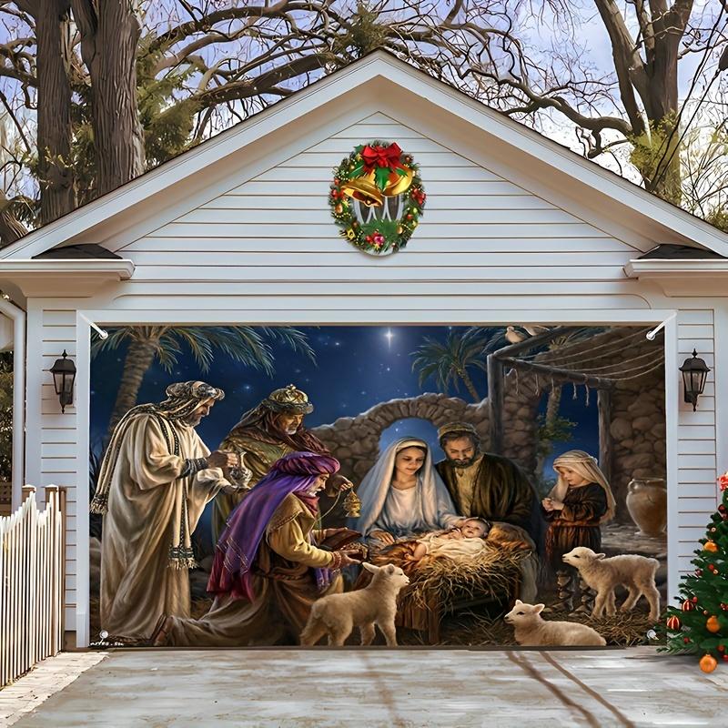 A Nativity scene, religious Christmas pattern, outdoor garage door, Nativity Winter Courtyard door frame
