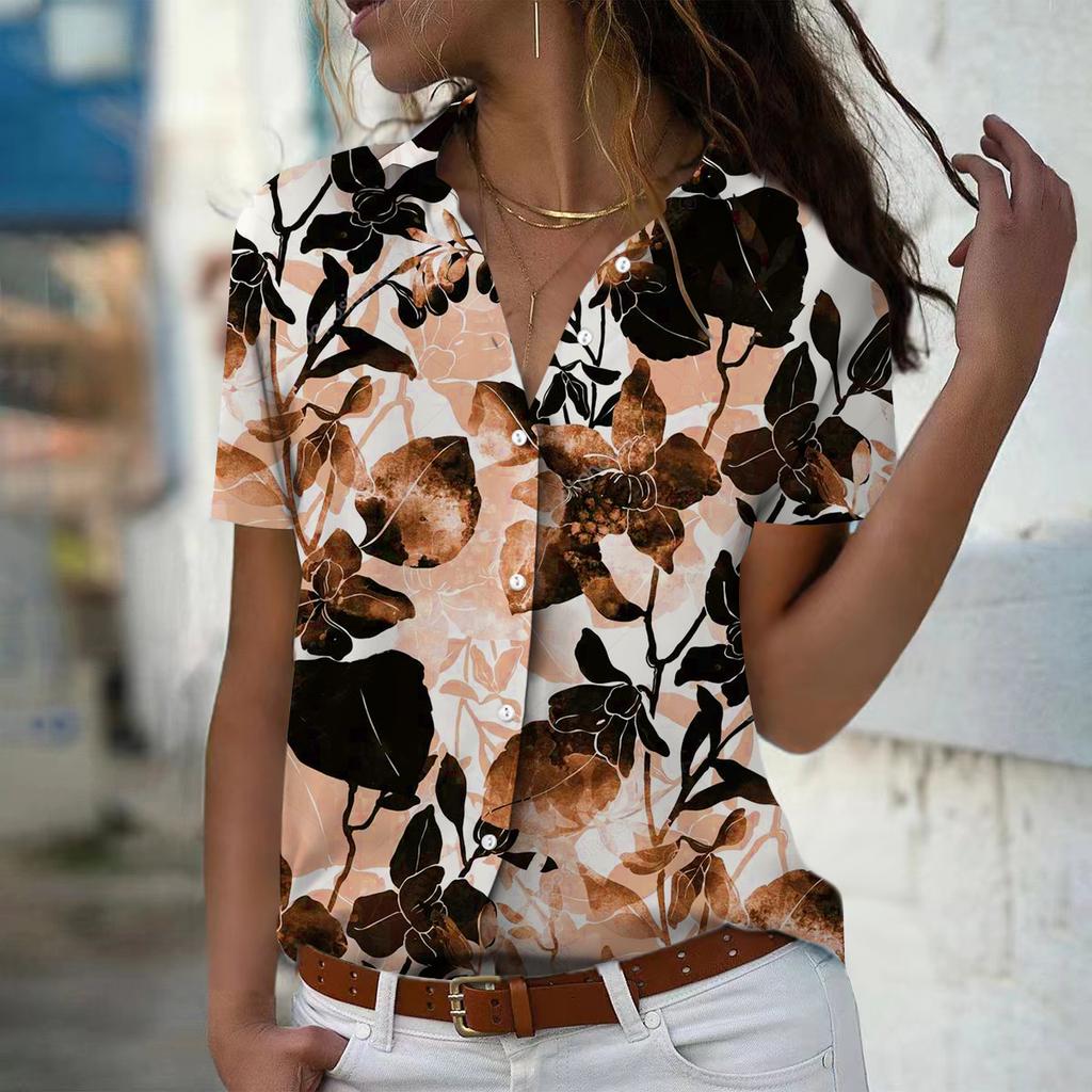 2025 Sommer Neue Mode Damen Blattdruck Kurzarm V-Ausschnitt Lässiges Button-down Hemd Top