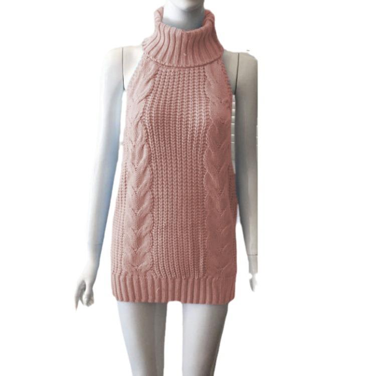 2025 Spring Sexy Backless Knitted Pullover Women’s High Neck Sleeveless Sweater Girl Bun Cos