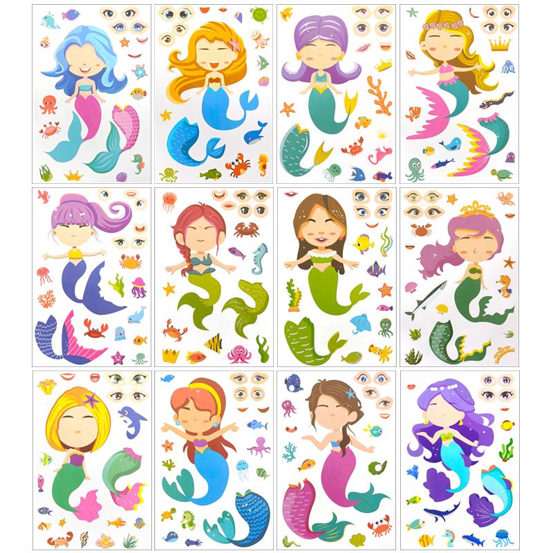 12Sheets Make A Face Diy Sticker Safari Animal Mermaid Decoration Kid Enlightenment Jigsaw Puzzle Stickers Funny Cartoon Pet Zyf