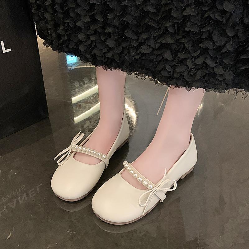 Mary Jane Shoes Women's Spring and Autumn 2024 New Evening Shoes Gentle Light Mouth Low Heel Round Head Pearl Bow Single Shoes