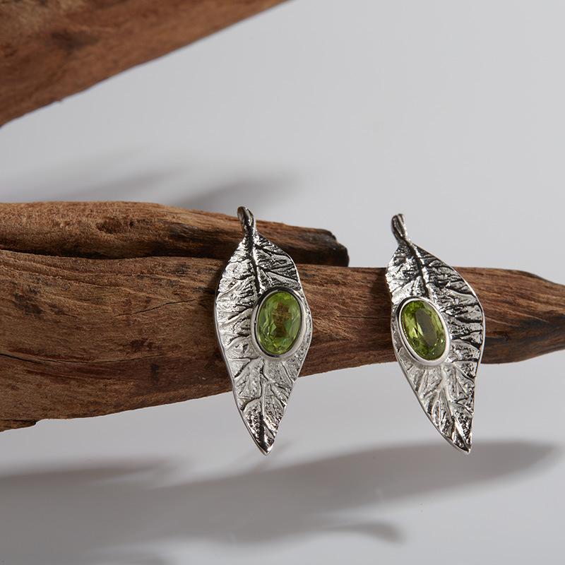 Original Leaf Design S925 Sterling Silver With Natural Garnet Topaz Peridot Colored Treasure Necklace Set