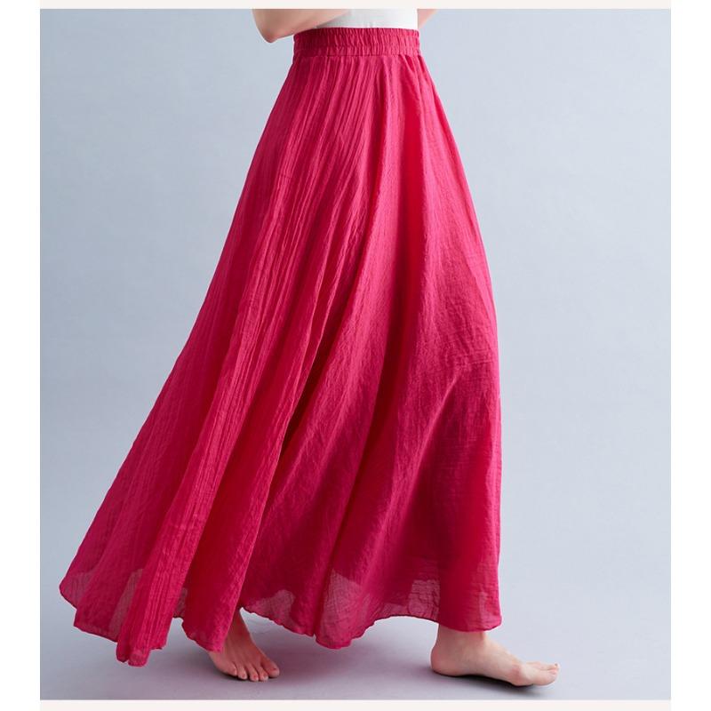 Long A-line Skirt In Cotton and Linen with Elastic Waist In Pure Color for Summer and Autumn