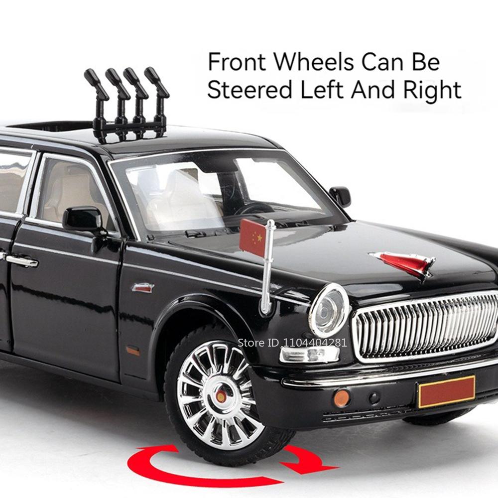 1:24 HONGQI L5 E-HS9 Model Toys Car Diecast 70th Anniversary Parade Cars Sound Light Pull Back Trendy Ornaments for Friend Gifts