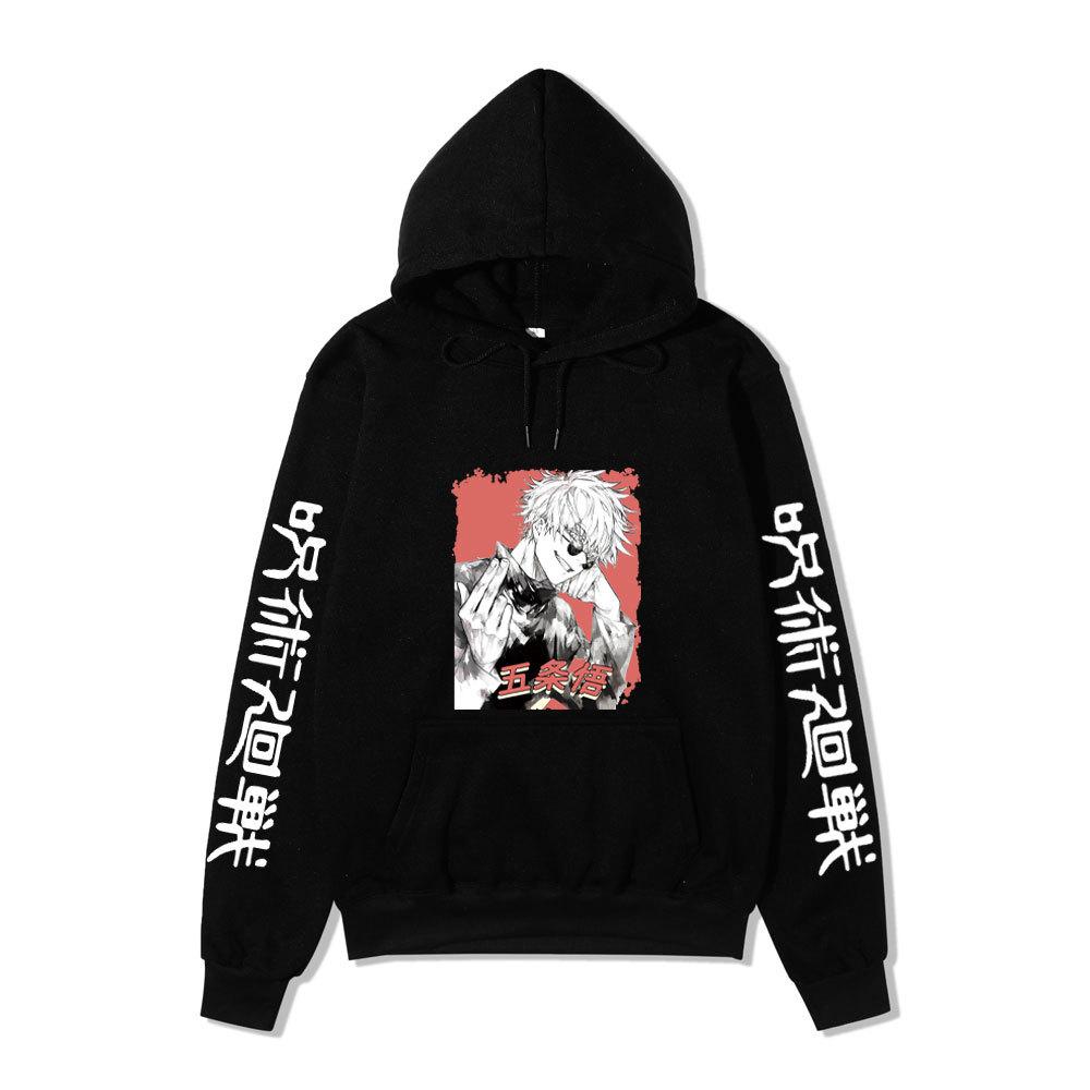 Jujutsu Kaisen Satoru Gojo Hoodie Unisex Fleece Sweatshirt Red Background Manga Portrait Kanji Sleeve Autumn Winter Pullover