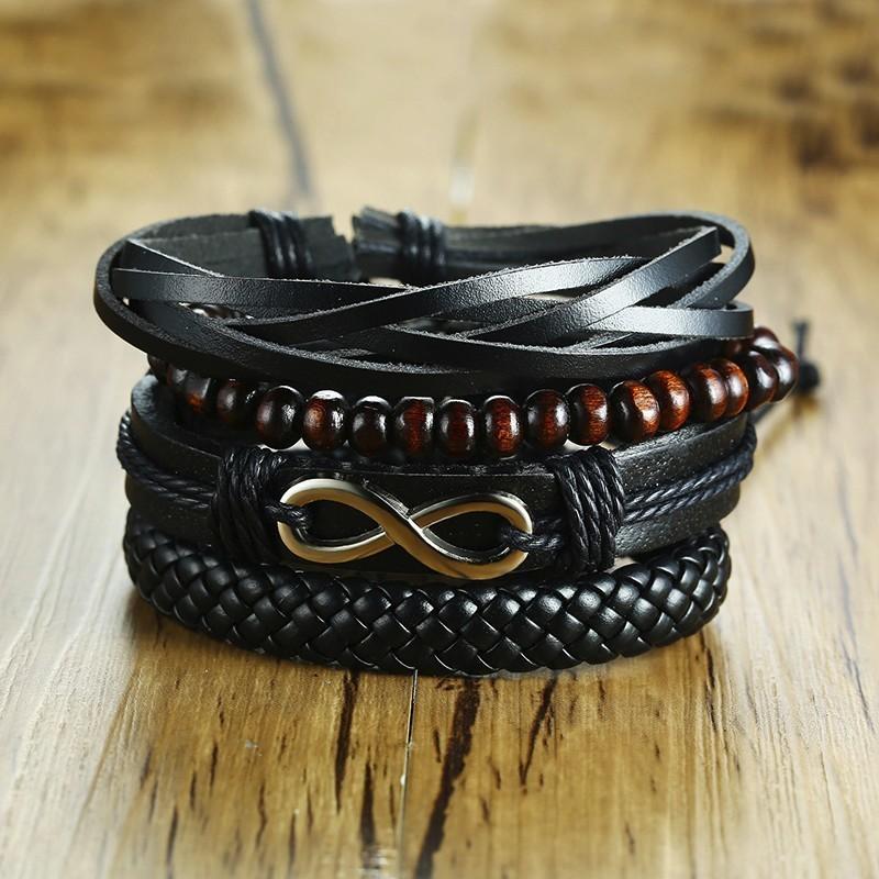 Vnox Mix 4Pcs/ Set Braided Wrap Leather Bracelets for Men Women Vintage Wooden Beads Ethnic Tribal Wristbands Bracelet Rudder
