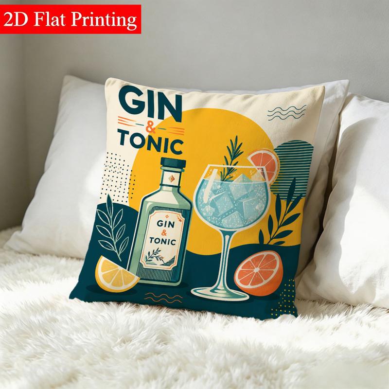 Vintage Gin and Soda Water Printed Pillowcase, 45x45 Double-Sided Print, Vibrant and Fun Style, Suitable for Cozy Home Decor, Pairs Well with Orange C