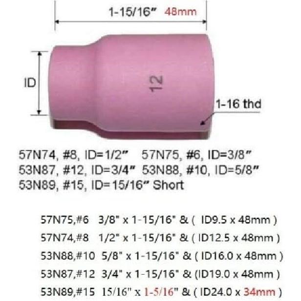 RIVERWELD TIG Gas Lens Alumina Nozzle Ceramic Cup Jumbo Large Diameter 53N87 12# 3/4" 53N88 5/8" #10 53N89 15/16" #15 57N74 1/2" #8 57N75 3/8" #6 for
