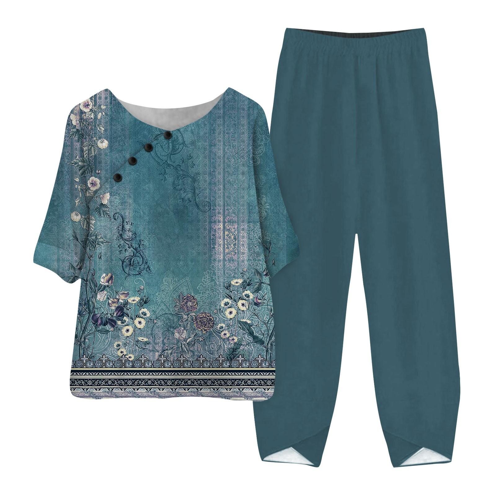 

Женские летние топы с короткими рукавами и принтом, эластичная талия, брюки из девяти предметов, комплект из двух предметов S синий