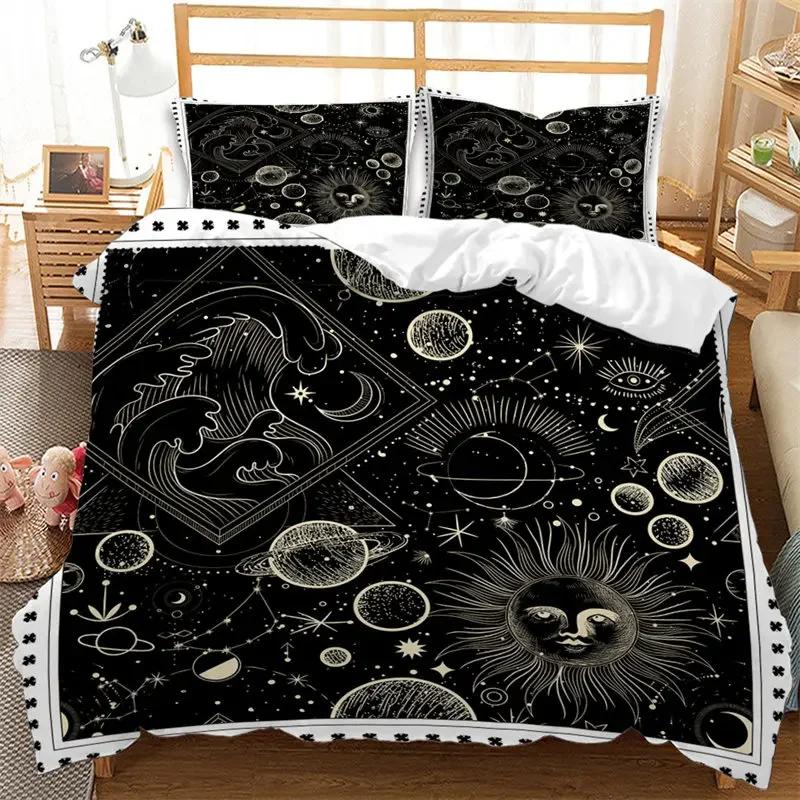 Sun and Moon King Duvet Cover Bohemian Style Celestial Bedding Set Microfiber Galaxy Stars Comforter Cover For Kids Girls Teens