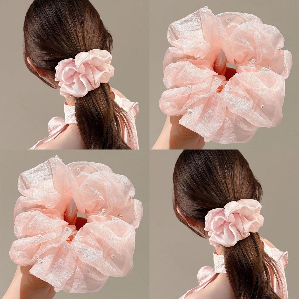 Premium Pink Mesh Scrunchies for Women - Stylish Hair Ties & Ponytail Accessories