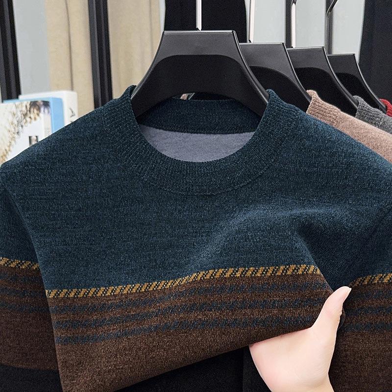 Men s Winter Chenille Round Neck Sweater, Plus Velvet Thickened Warm Knitwear Base Layer XL (175cm, 135-155kg)