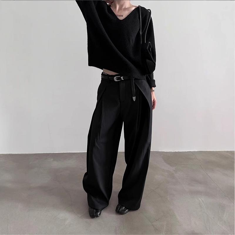 Men's Pleated Front Wide Leg Pants Cleanfit Black Solid Low Waist Dressy Trousers Office Work Casual Clothes
