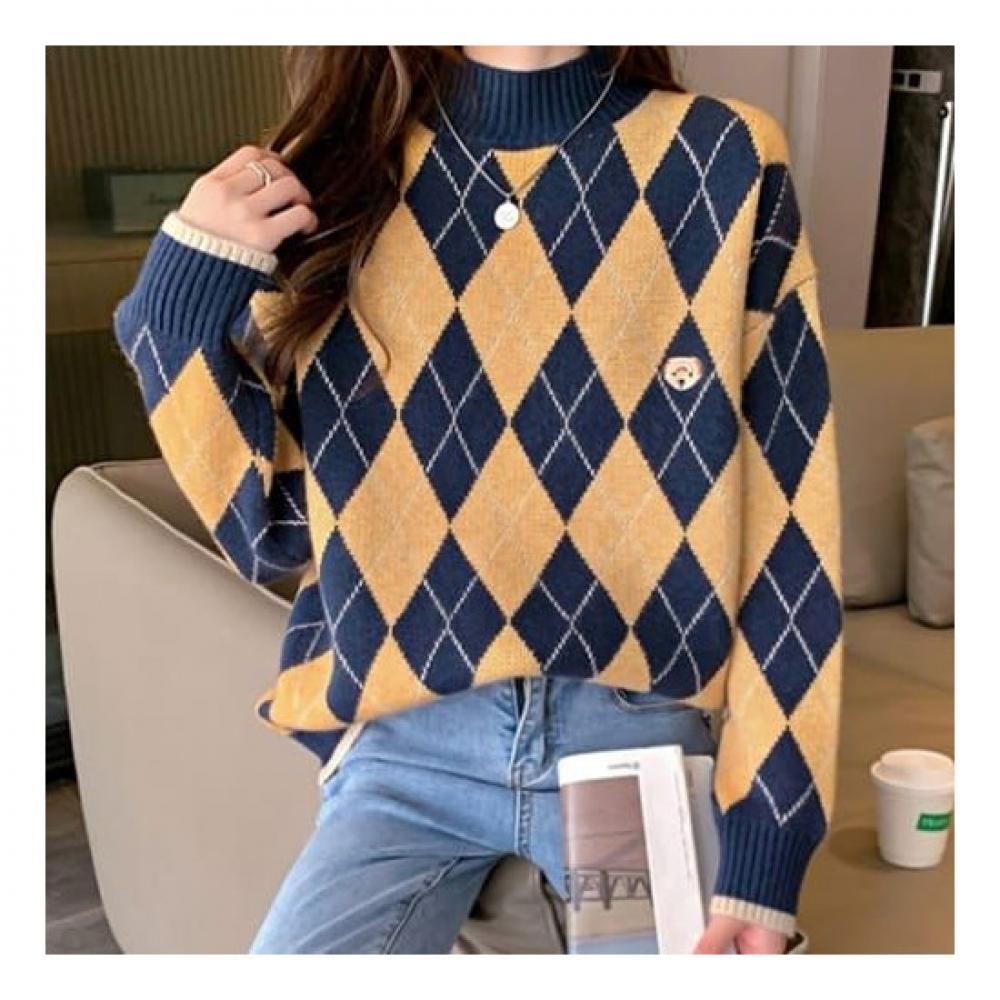 Navava Men Casual Argyle Mock Neck Long Sleeve Knit Top Nk2394