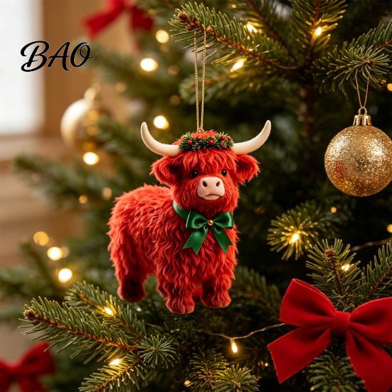 Lightweight Gifts for Friends Family Highland Yak Ornament Christmas Tree Hanging Decor, Cute 2D Flat Kids Room Decorations Acrylic Pendant with Gold
