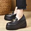 2025 New Handmade Women's Shoes 8cm Spring Wedge Heel Waterproof Table Heightened Thick-soled Retro Round Head Patent Leather Loafers