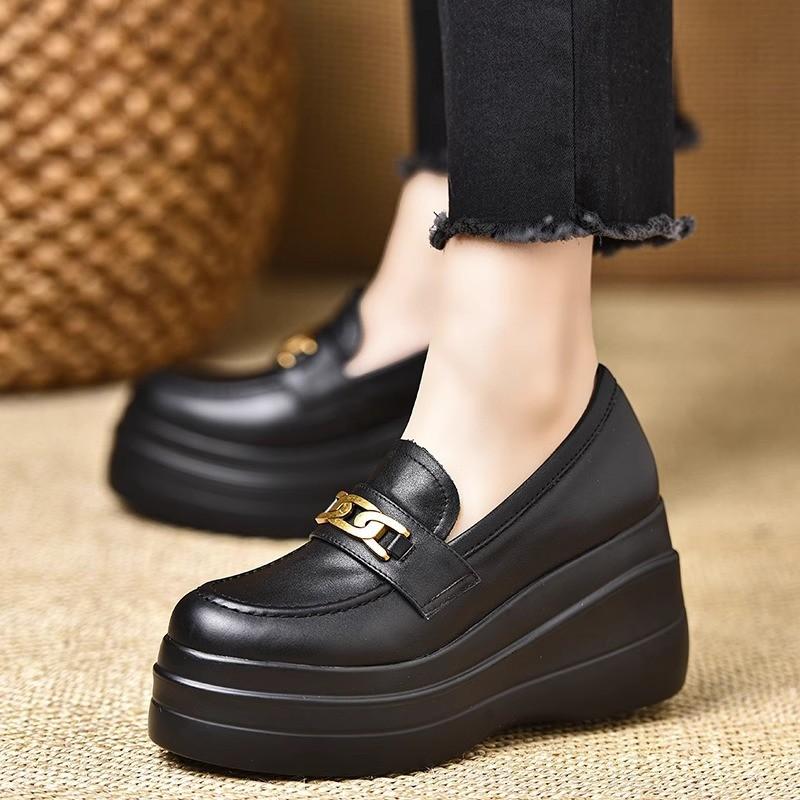 2025 New Handmade Women's Shoes 8cm Spring Wedge Heel Waterproof Table Heightened Thick-soled Retro Round Head Patent Leather Loafers